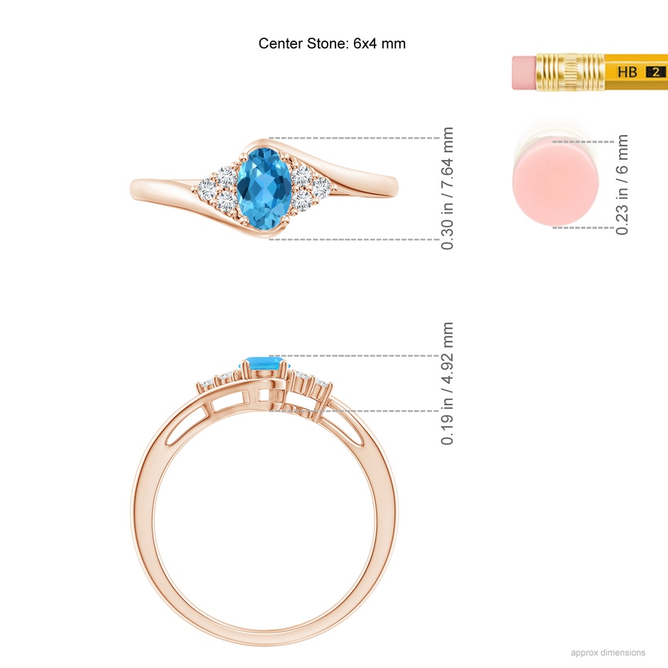 6x4mm AAA Oval Swiss Blue Topaz Bypass Ring with Trio Diamond Accents in Rose Gold ruler