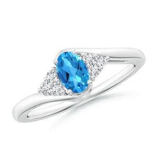 6x4mm AAAA Oval Swiss Blue Topaz Bypass Ring with Trio Diamond Accents in White Gold