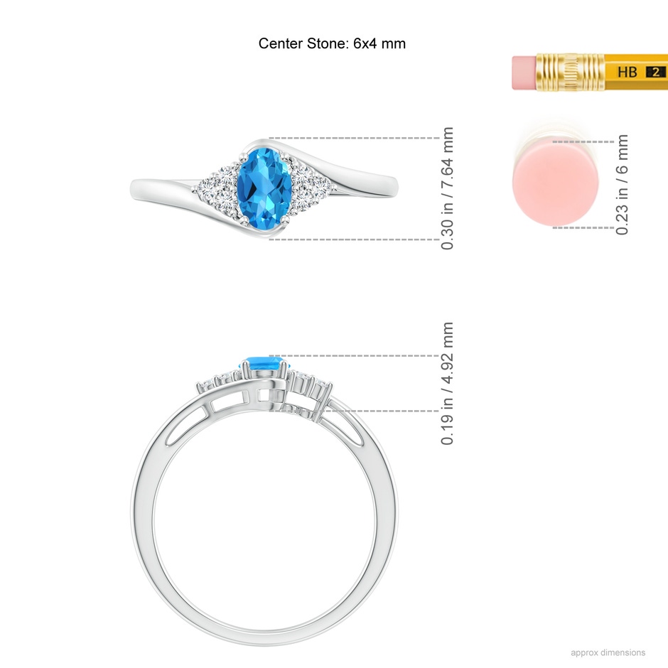 6x4mm AAAA Oval Swiss Blue Topaz Bypass Ring with Trio Diamond Accents in White Gold ruler