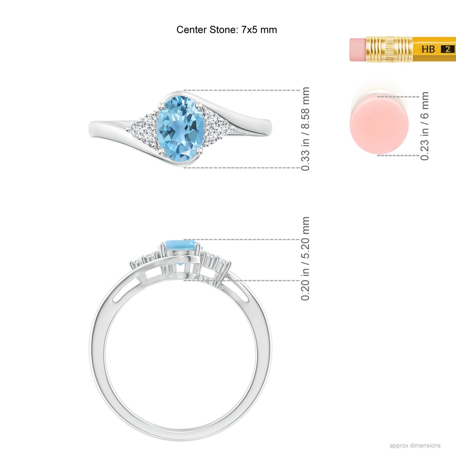 7x5mm A Oval Swiss Blue Topaz Bypass Ring with Trio Diamond Accents in P950 Platinum ruler