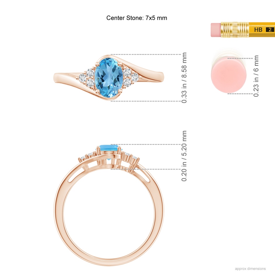 7x5mm AA Oval Swiss Blue Topaz Bypass Ring with Trio Diamond Accents in Rose Gold ruler