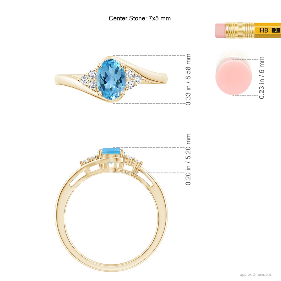 7x5mm AA Oval Swiss Blue Topaz Bypass Ring with Trio Diamond Accents in Yellow Gold ruler