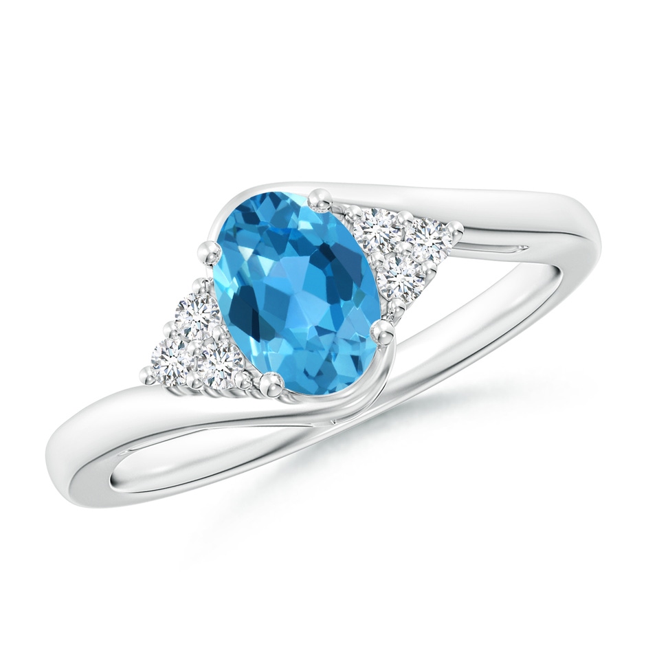 7x5mm AAA Oval Swiss Blue Topaz Bypass Ring with Trio Diamond Accents in White Gold 