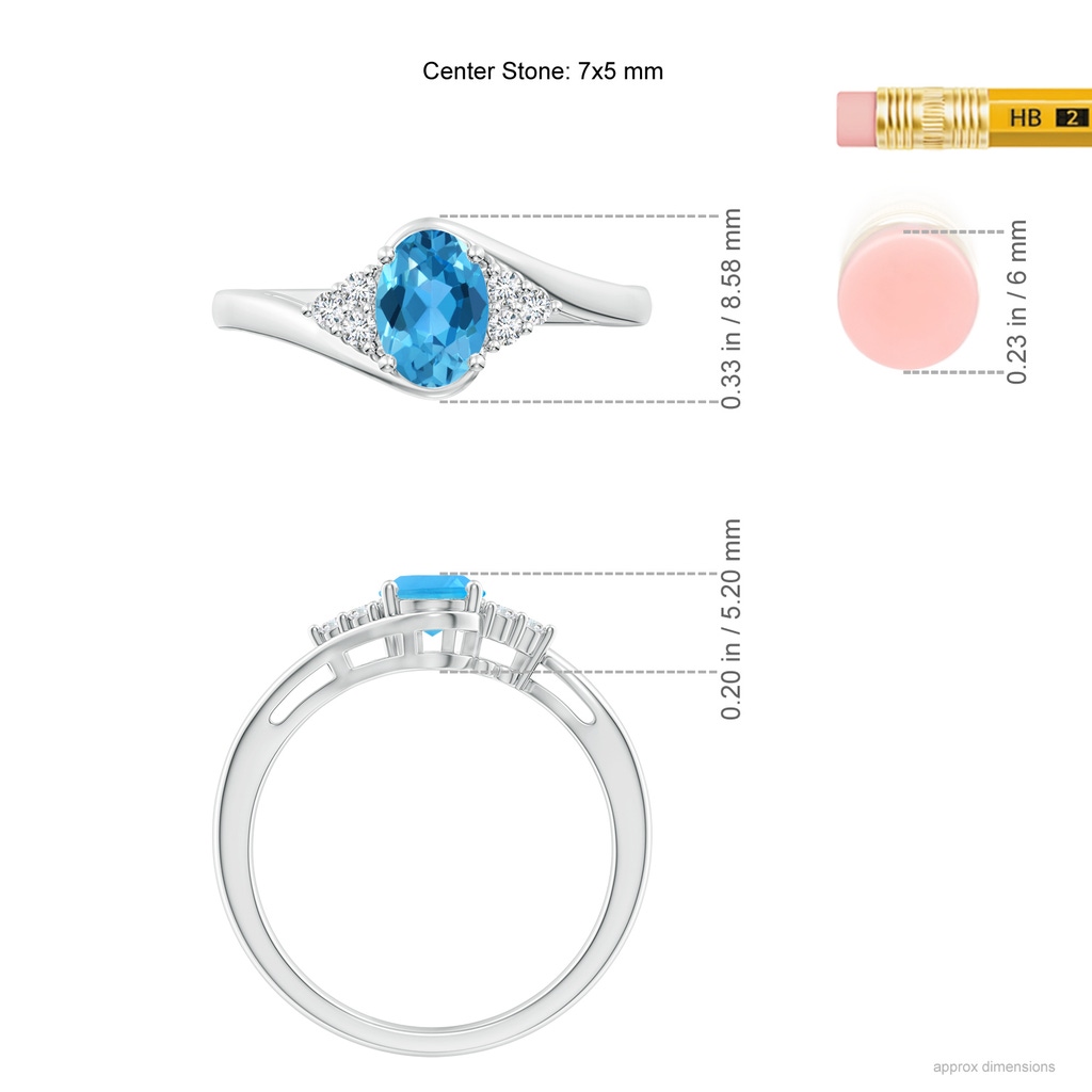 7x5mm AAA Oval Swiss Blue Topaz Bypass Ring with Trio Diamond Accents in White Gold Ruler