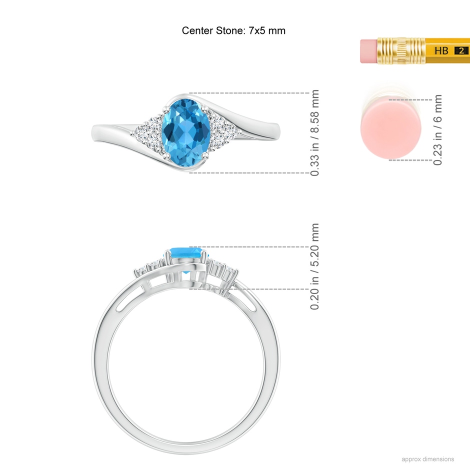 7x5mm AAA Oval Swiss Blue Topaz Bypass Ring with Trio Diamond Accents in White Gold ruler