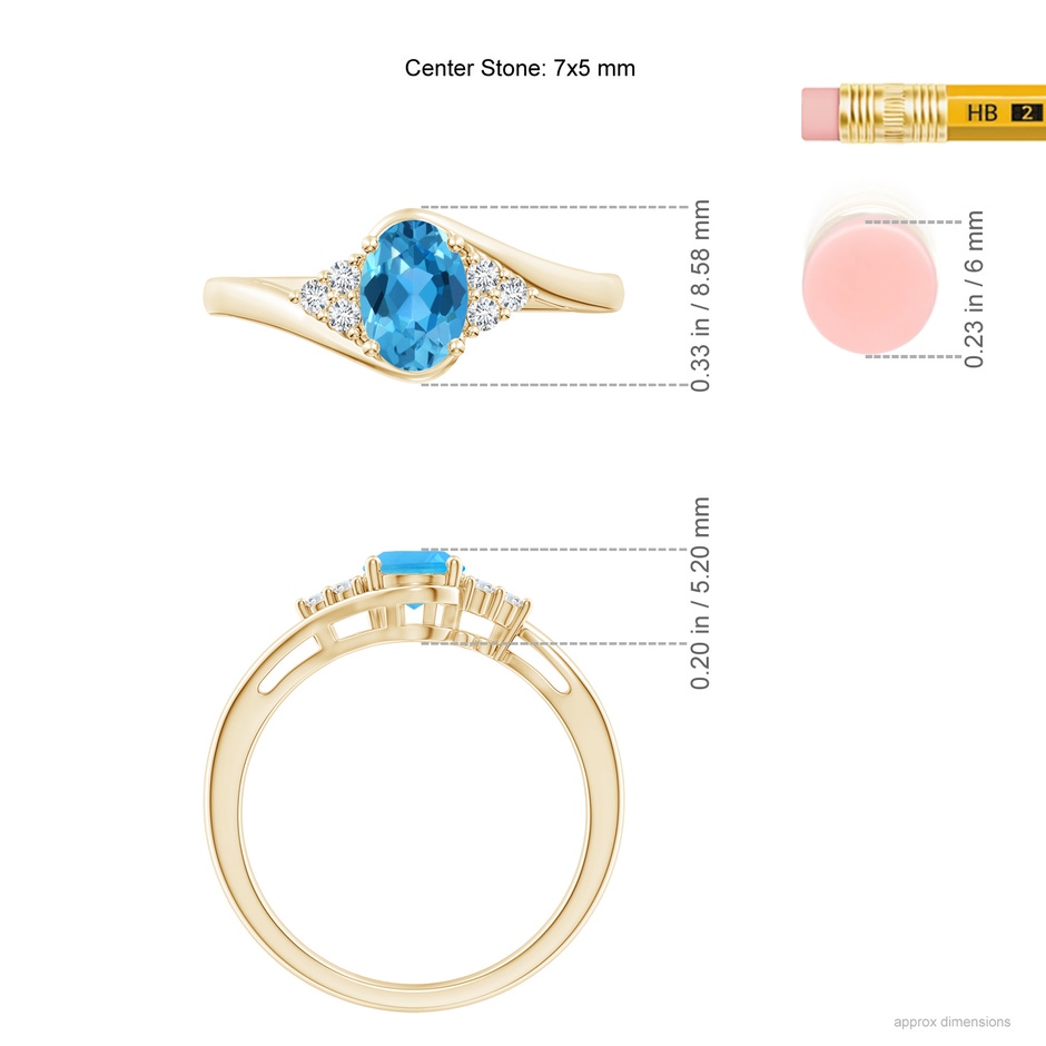 7x5mm AAA Oval Swiss Blue Topaz Bypass Ring with Trio Diamond Accents in Yellow Gold ruler