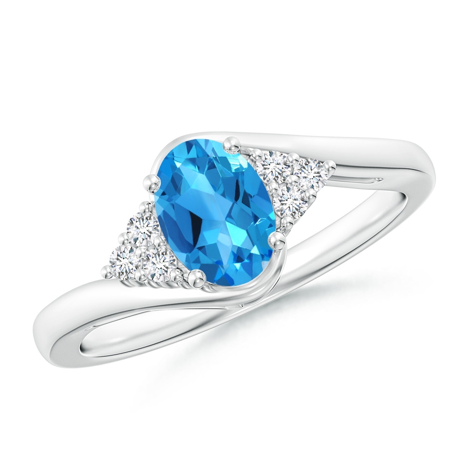 7x5mm AAAA Oval Swiss Blue Topaz Bypass Ring with Trio Diamond Accents in P950 Platinum 