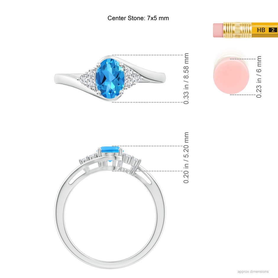 7x5mm AAAA Oval Swiss Blue Topaz Bypass Ring with Trio Diamond Accents in P950 Platinum ruler