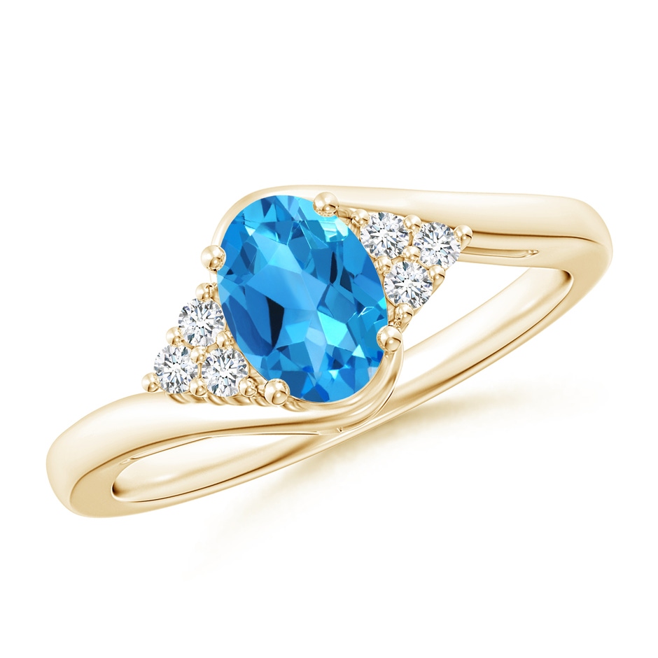 7x5mm AAAA Oval Swiss Blue Topaz Bypass Ring with Trio Diamond Accents in Yellow Gold 