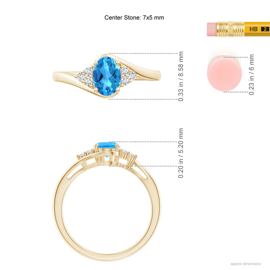 7x5mm AAAA Oval Swiss Blue Topaz Bypass Ring with Trio Diamond Accents in Yellow Gold ruler