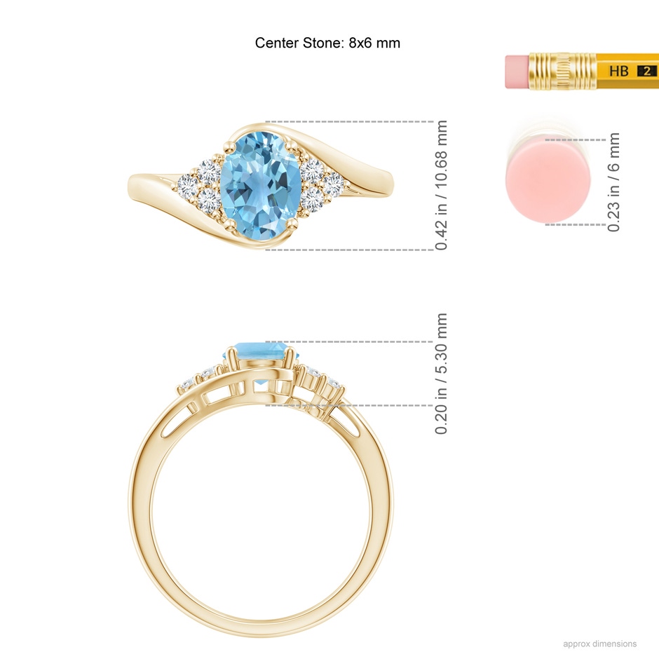 8x6mm A Oval Swiss Blue Topaz Bypass Ring with Trio Diamond Accents in Yellow Gold ruler