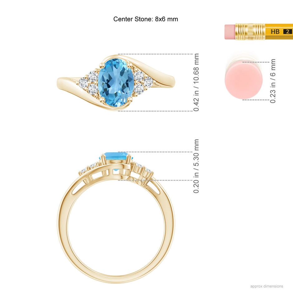8x6mm AA Oval Swiss Blue Topaz Bypass Ring with Trio Diamond Accents in Yellow Gold ruler