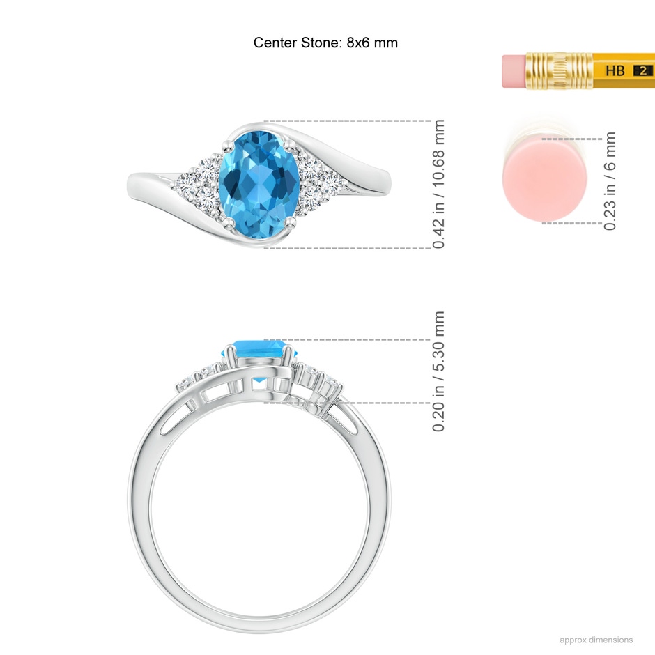 8x6mm AAA Oval Swiss Blue Topaz Bypass Ring with Trio Diamond Accents in P950 Platinum ruler