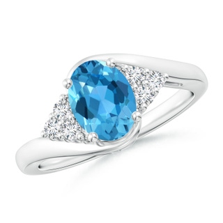 8x6mm AAA Oval Swiss Blue Topaz Bypass Ring with Trio Diamond Accents in White Gold