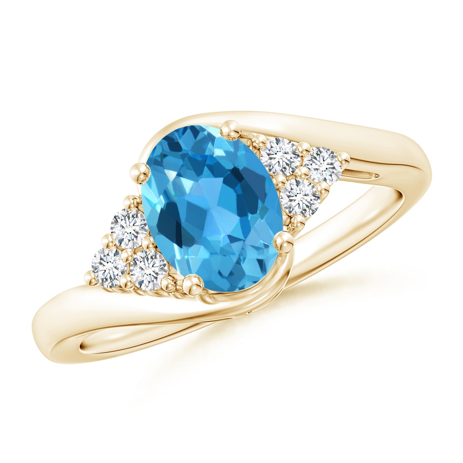 8x6mm AAA Oval Swiss Blue Topaz Bypass Ring with Trio Diamond Accents in Yellow Gold 
