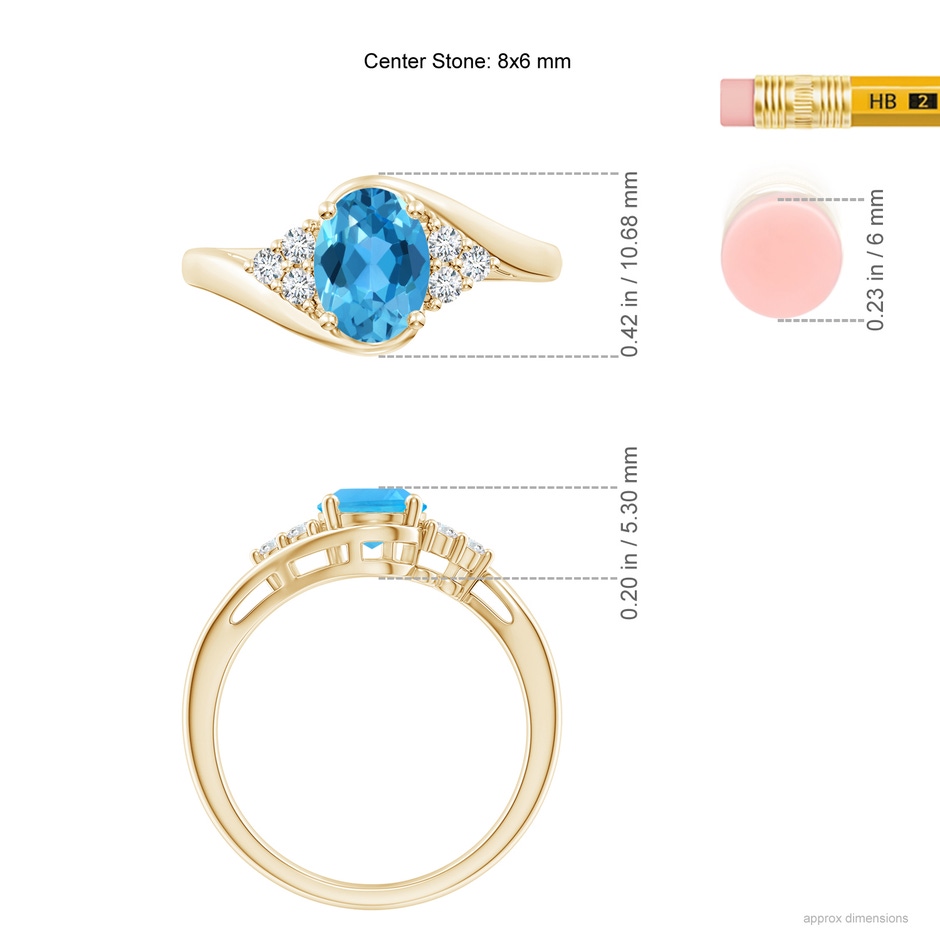 8x6mm AAA Oval Swiss Blue Topaz Bypass Ring with Trio Diamond Accents in Yellow Gold ruler