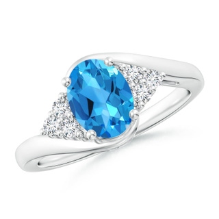 8x6mm AAAA Oval Swiss Blue Topaz Bypass Ring with Trio Diamond Accents in White Gold