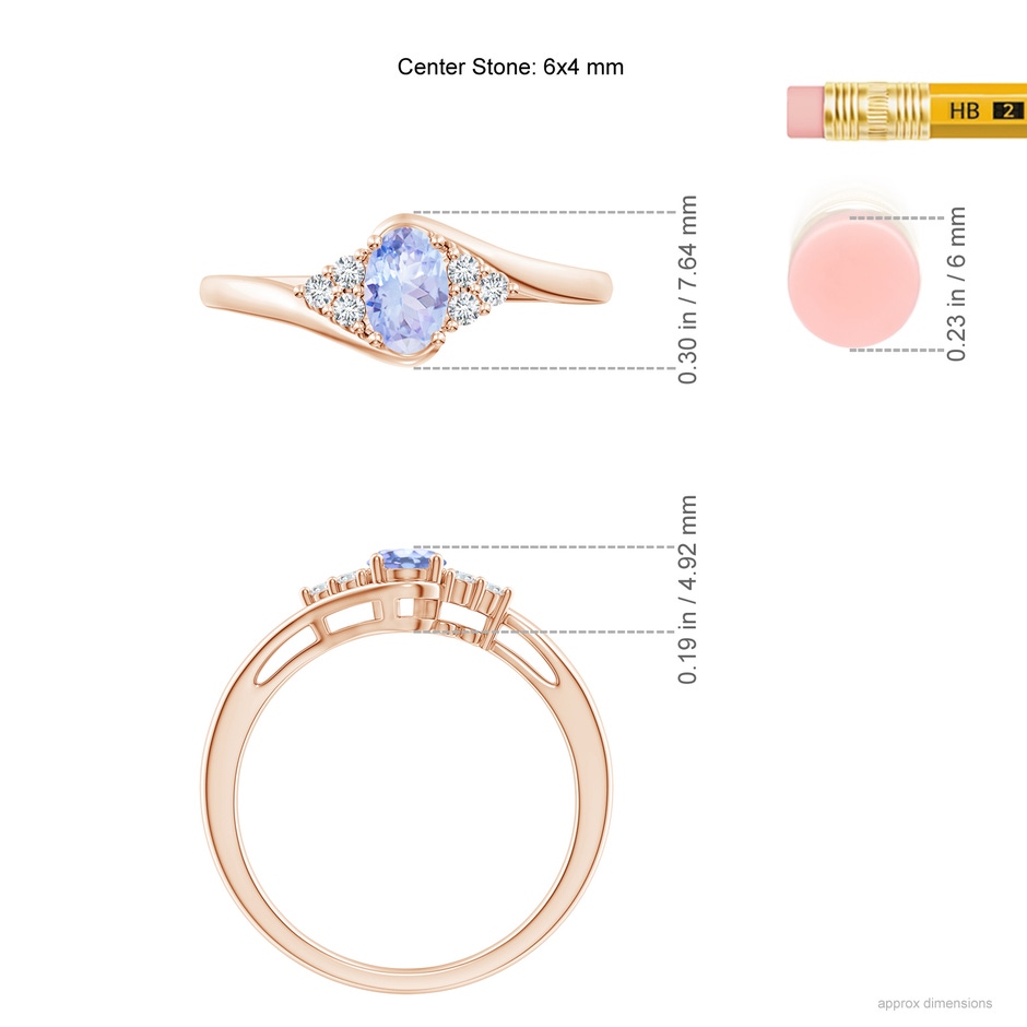 6x4mm A Oval Tanzanite Bypass Ring with Trio Diamond Accents in Rose Gold ruler