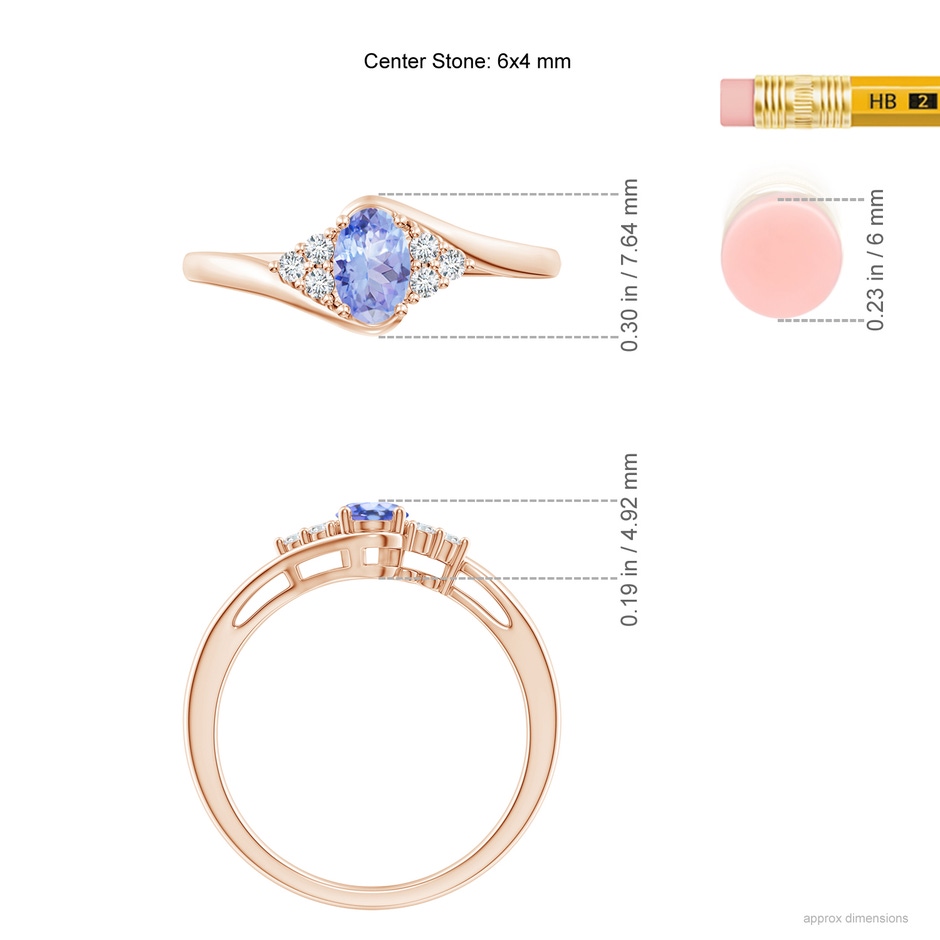 6x4mm AA Oval Tanzanite Bypass Ring with Trio Diamond Accents in Rose Gold ruler