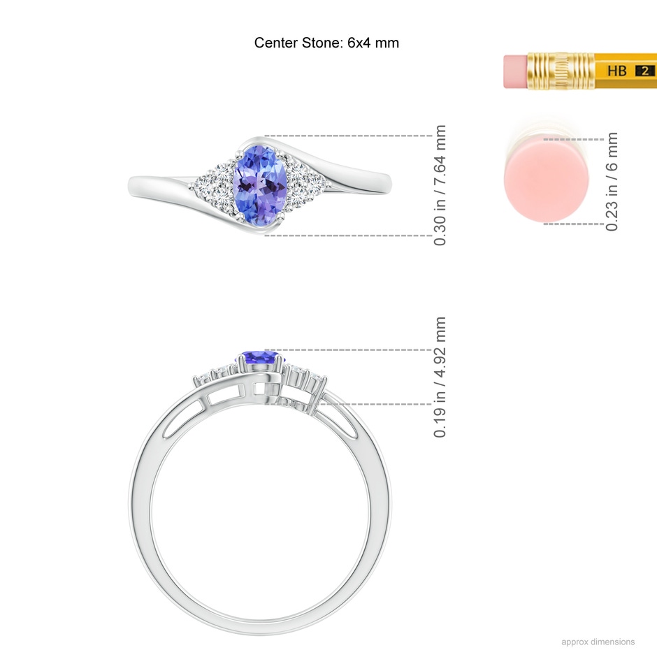 6x4mm AAA Oval Tanzanite Bypass Ring with Trio Diamond Accents in 9K White Gold ruler