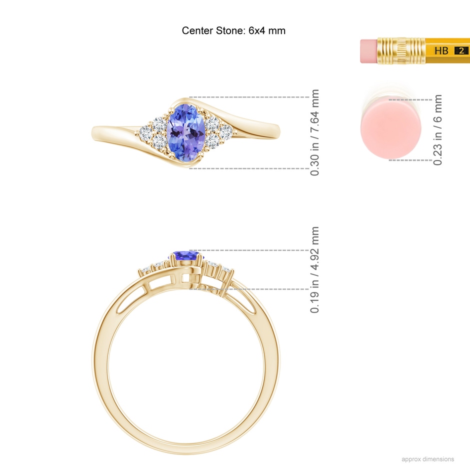 6x4mm AAA Oval Tanzanite Bypass Ring with Trio Diamond Accents in Yellow Gold ruler