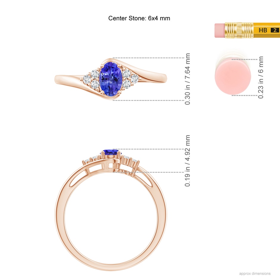 6x4mm AAAA Oval Tanzanite Bypass Ring with Trio Diamond Accents in Rose Gold ruler