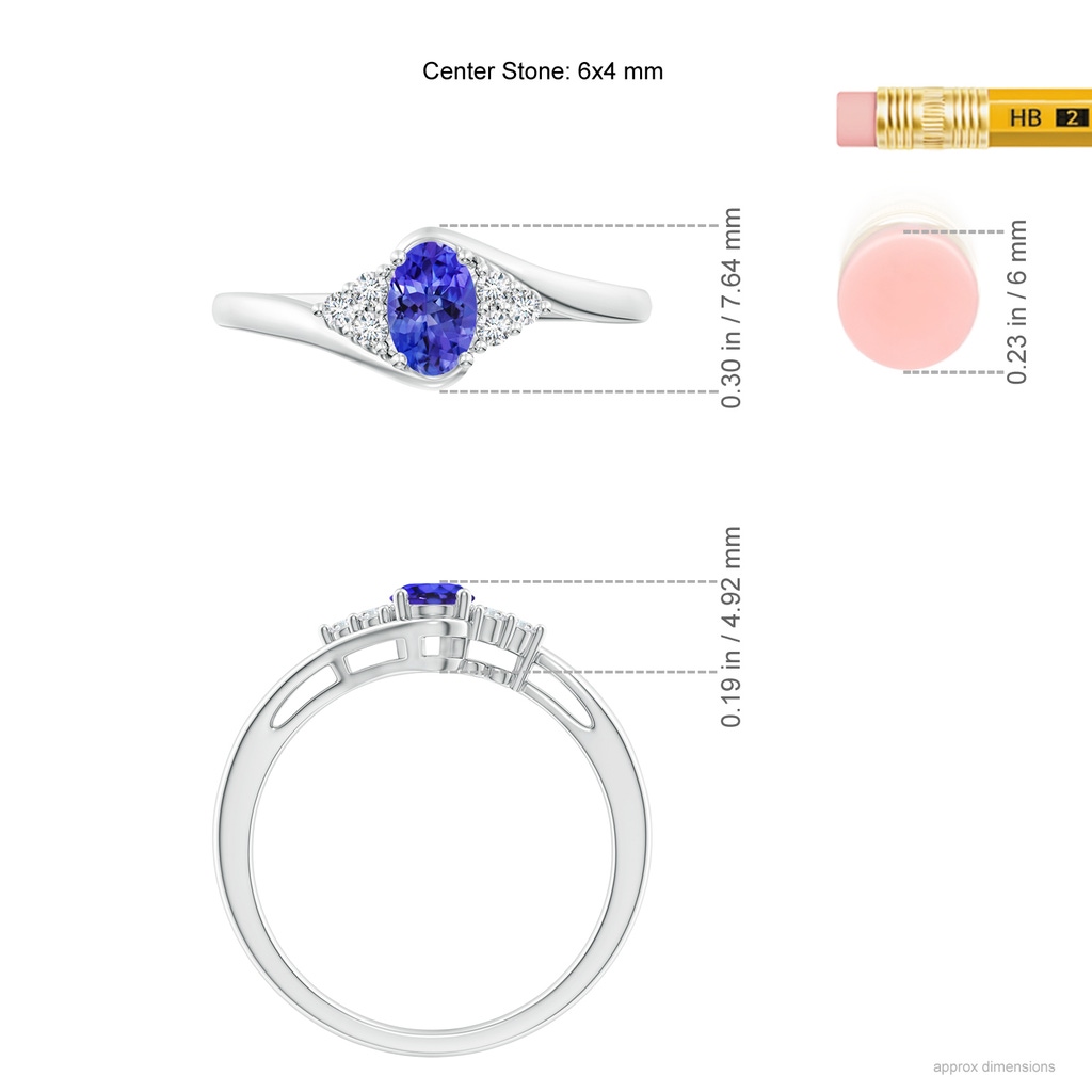 6x4mm AAAA Oval Tanzanite Bypass Ring with Trio Diamond Accents in White Gold Ruler