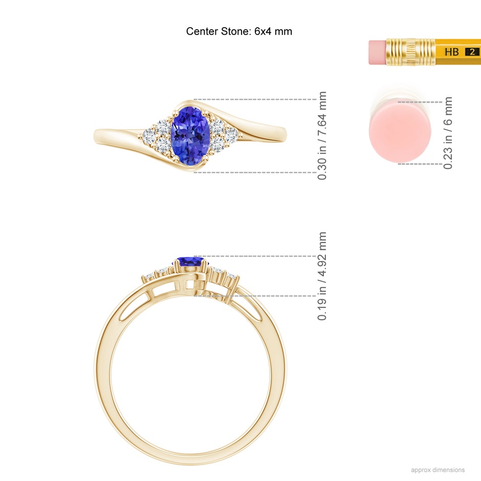6x4mm AAAA Oval Tanzanite Bypass Ring with Trio Diamond Accents in Yellow Gold ruler