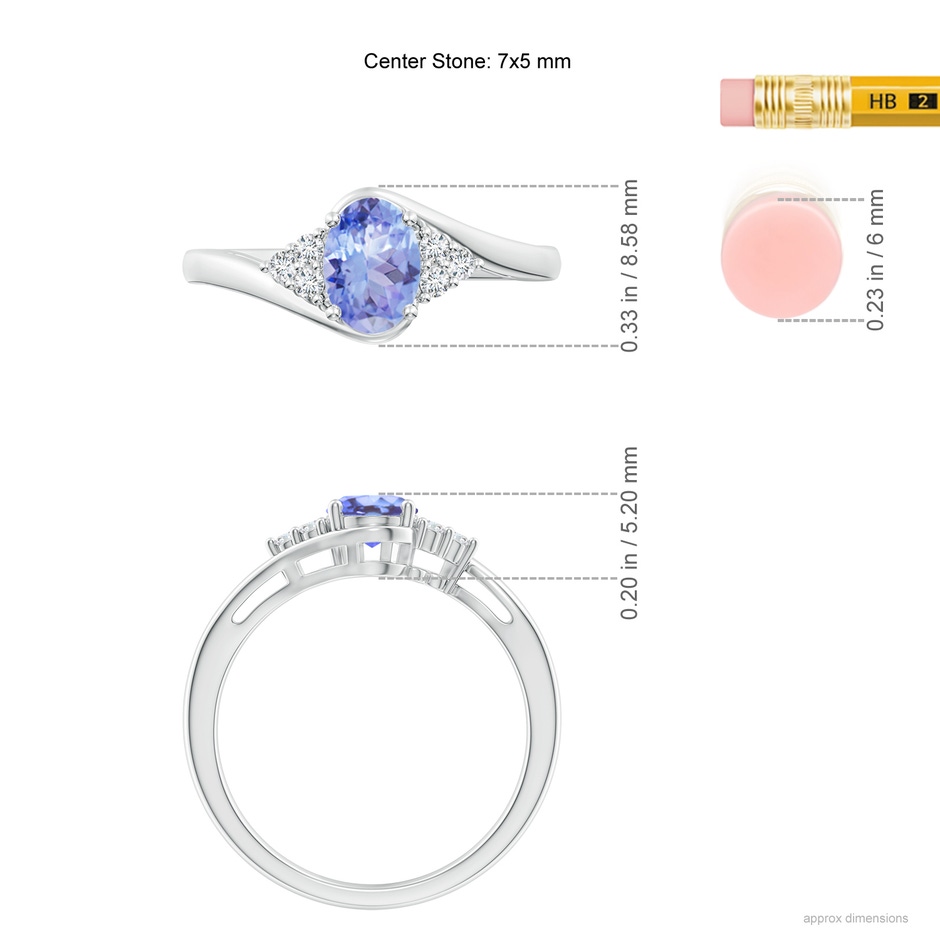 7x5mm A Oval Tanzanite Bypass Ring with Trio Diamond Accents in P950 Platinum ruler