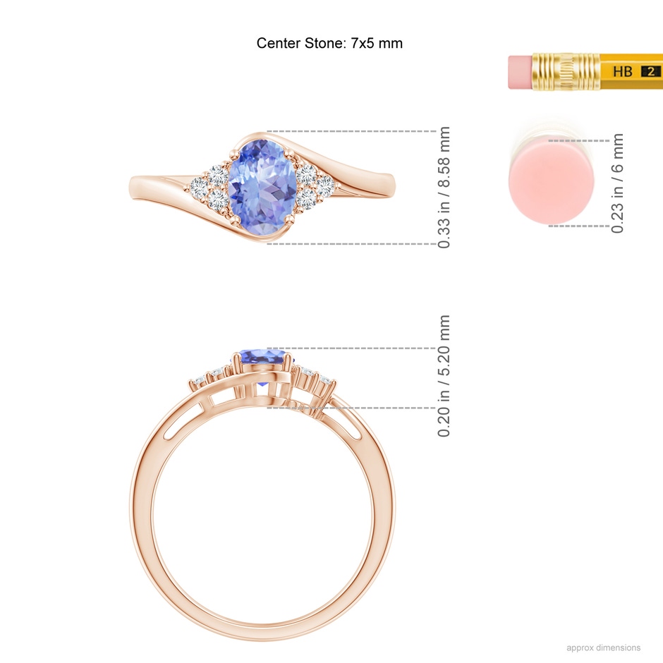 7x5mm A Oval Tanzanite Bypass Ring with Trio Diamond Accents in Rose Gold ruler
