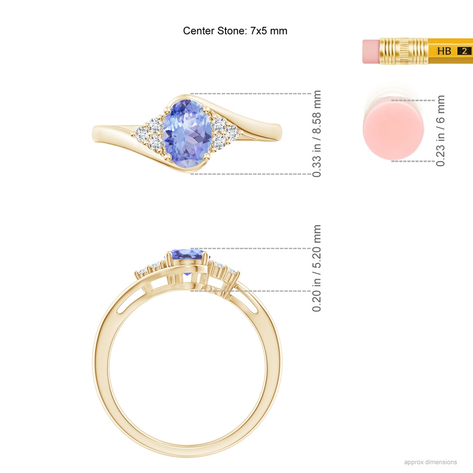 7x5mm A Oval Tanzanite Bypass Ring with Trio Diamond Accents in Yellow Gold ruler