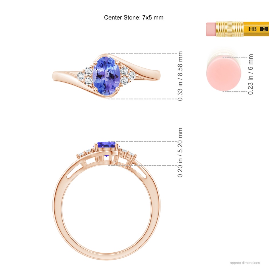 7x5mm AA Oval Tanzanite Bypass Ring with Trio Diamond Accents in Rose Gold ruler
