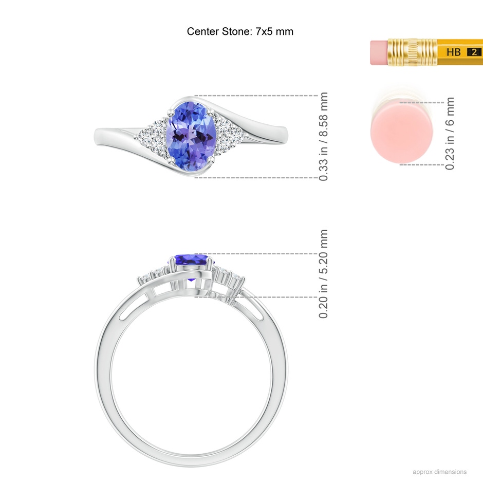 7x5mm AA Oval Tanzanite Bypass Ring with Trio Diamond Accents in White Gold ruler