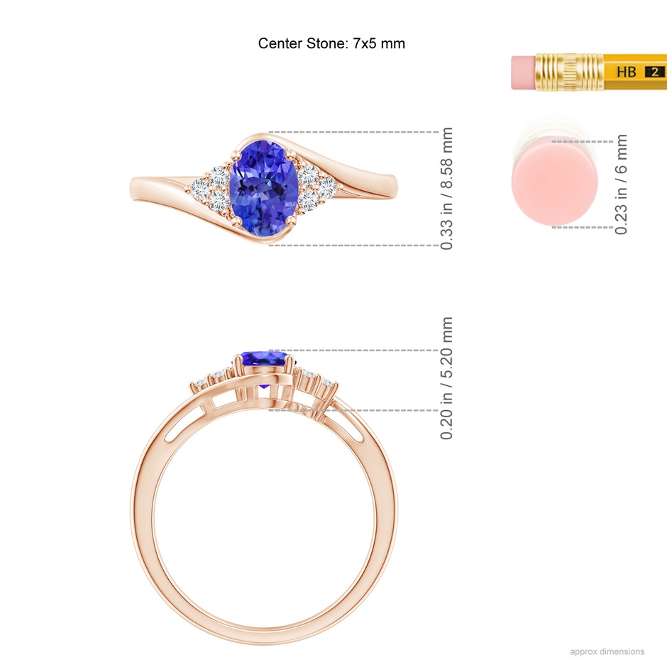 7x5mm AAA Oval Tanzanite Bypass Ring with Trio Diamond Accents in Rose Gold ruler