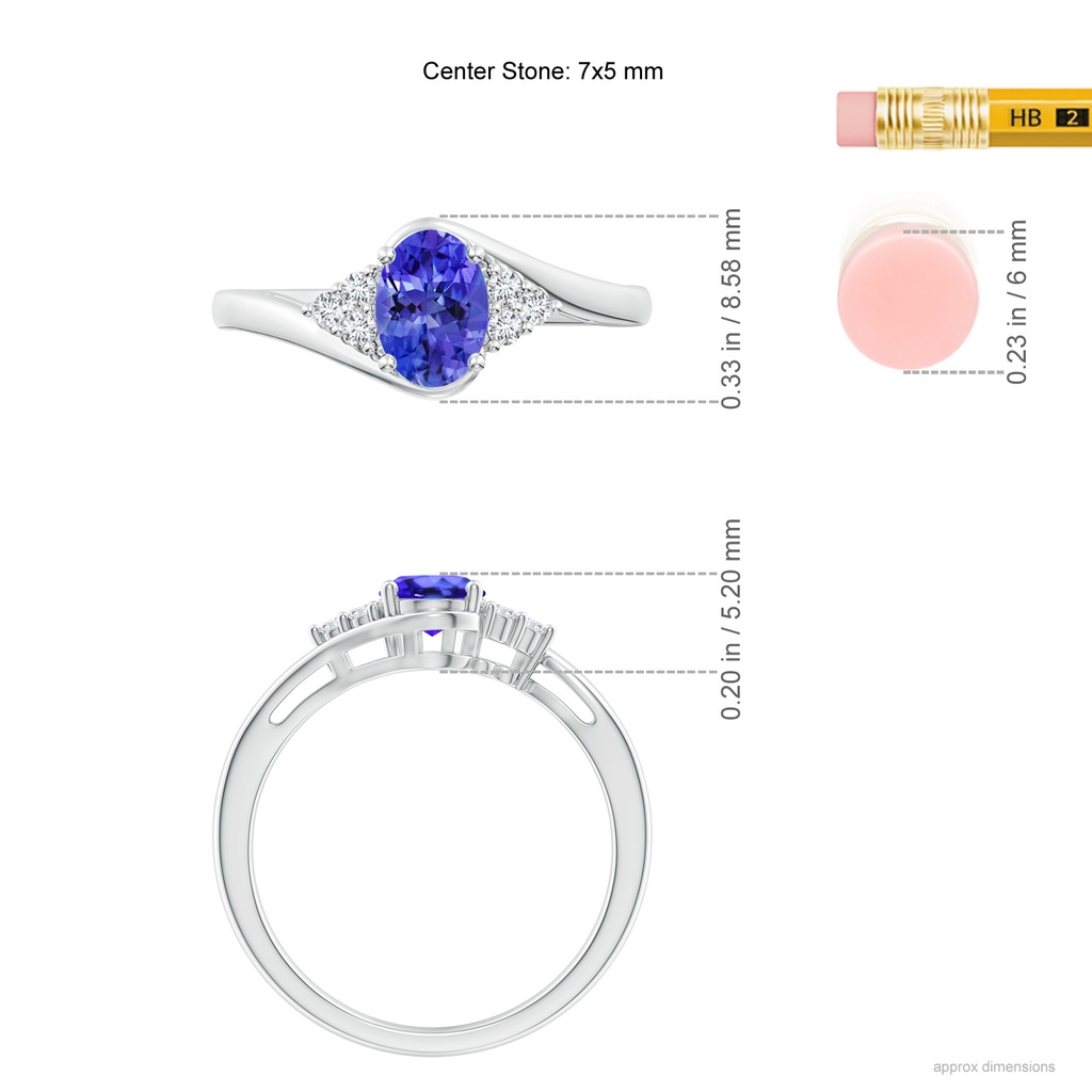 7x5mm AAA Oval Tanzanite Bypass Ring with Trio Diamond Accents in White Gold Ruler