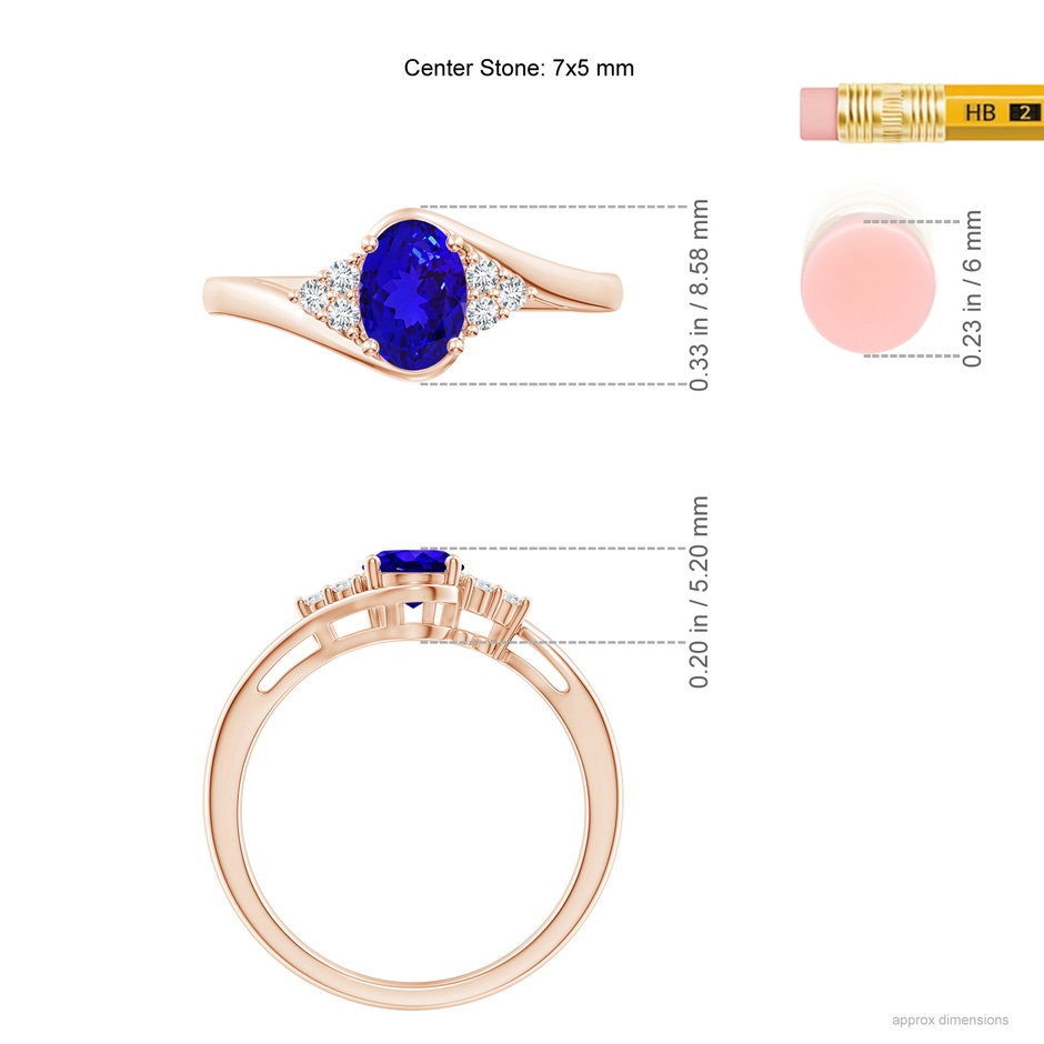 7x5mm AAAA Oval Tanzanite Bypass Ring with Trio Diamond Accents in Rose Gold ruler