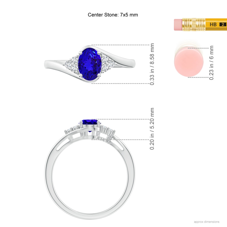 7x5mm AAAA Oval Tanzanite Bypass Ring with Trio Diamond Accents in White Gold ruler