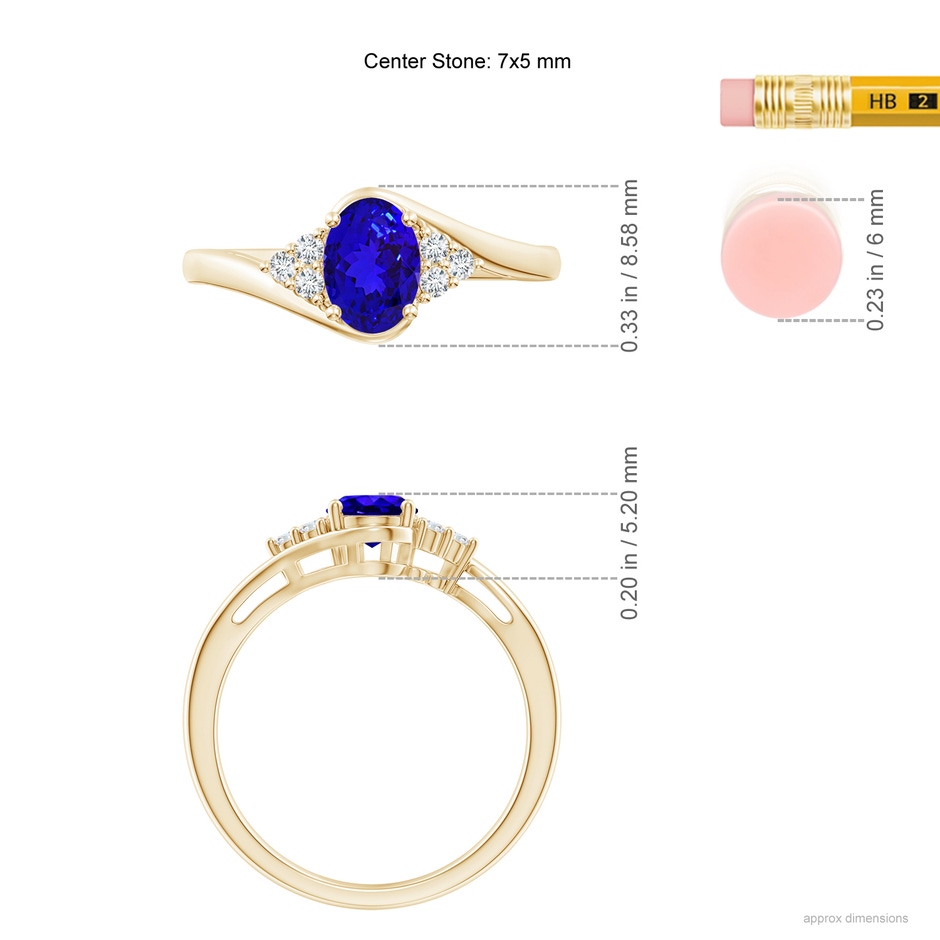 7x5mm AAAA Oval Tanzanite Bypass Ring with Trio Diamond Accents in Yellow Gold ruler