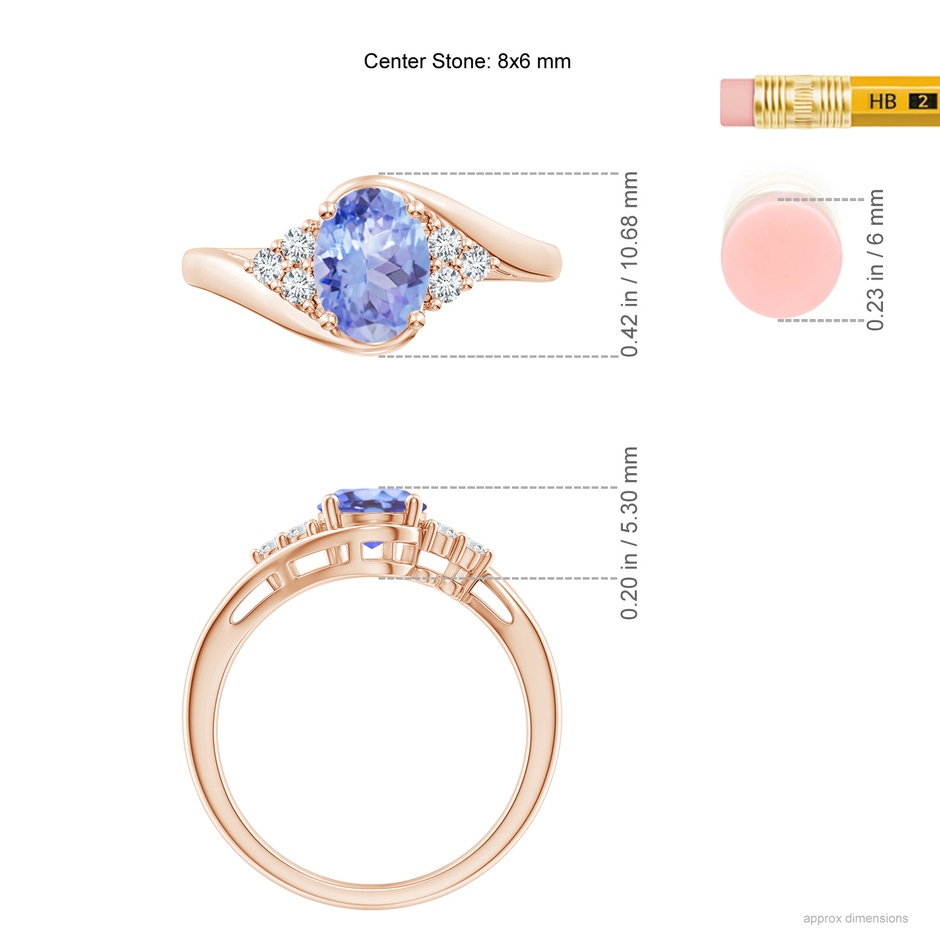 8x6mm A Oval Tanzanite Bypass Ring with Trio Diamond Accents in Rose Gold ruler