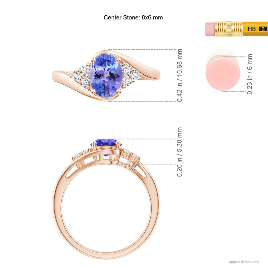 8x6mm AA Oval Tanzanite Bypass Ring with Trio Diamond Accents in Rose Gold ruler
