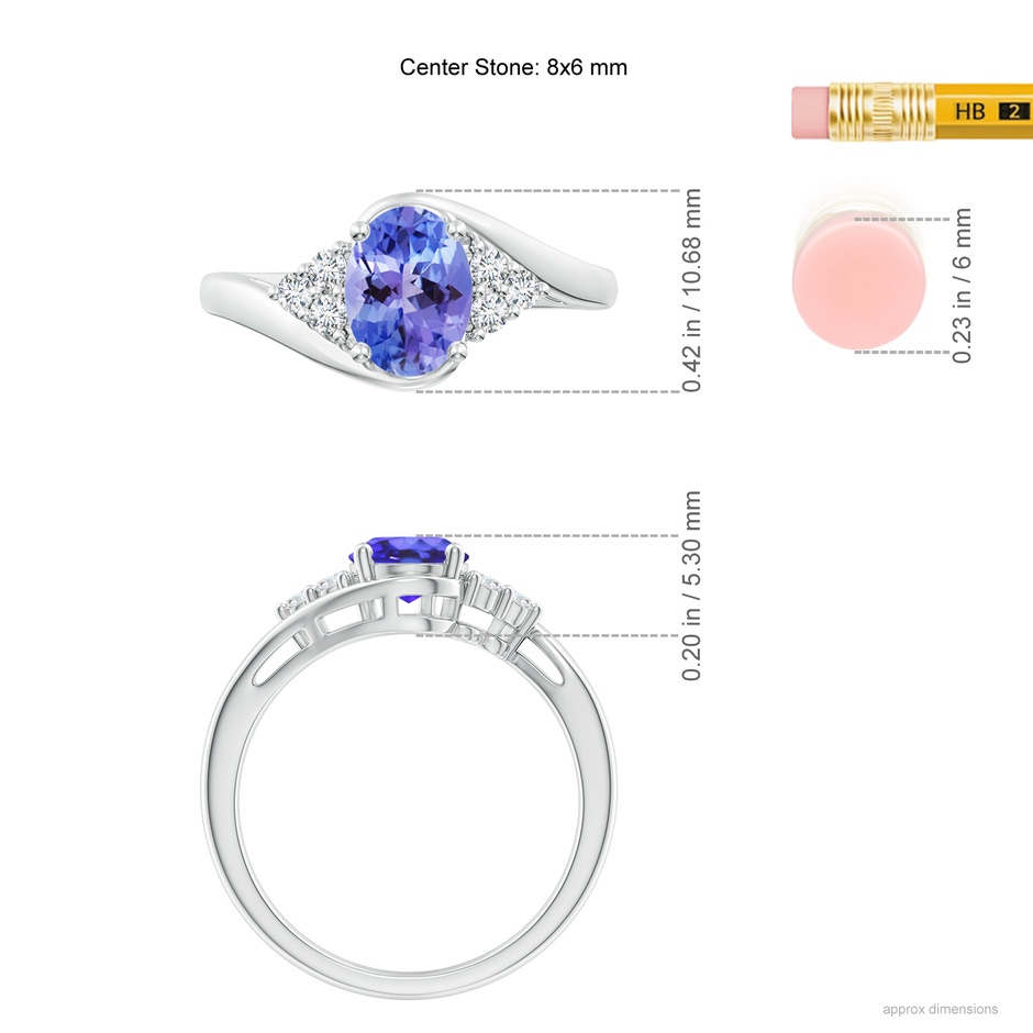 8x6mm AA Oval Tanzanite Bypass Ring with Trio Diamond Accents in White Gold ruler