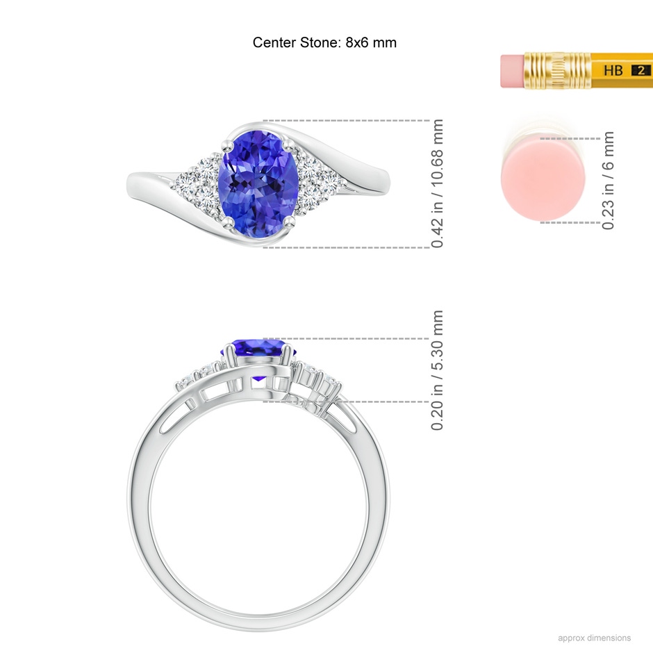 8x6mm AAA Oval Tanzanite Bypass Ring with Trio Diamond Accents in White Gold ruler