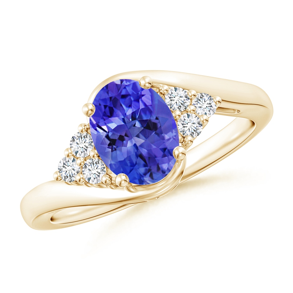 8x6mm AAA Oval Tanzanite Bypass Ring with Trio Diamond Accents in Yellow Gold 
