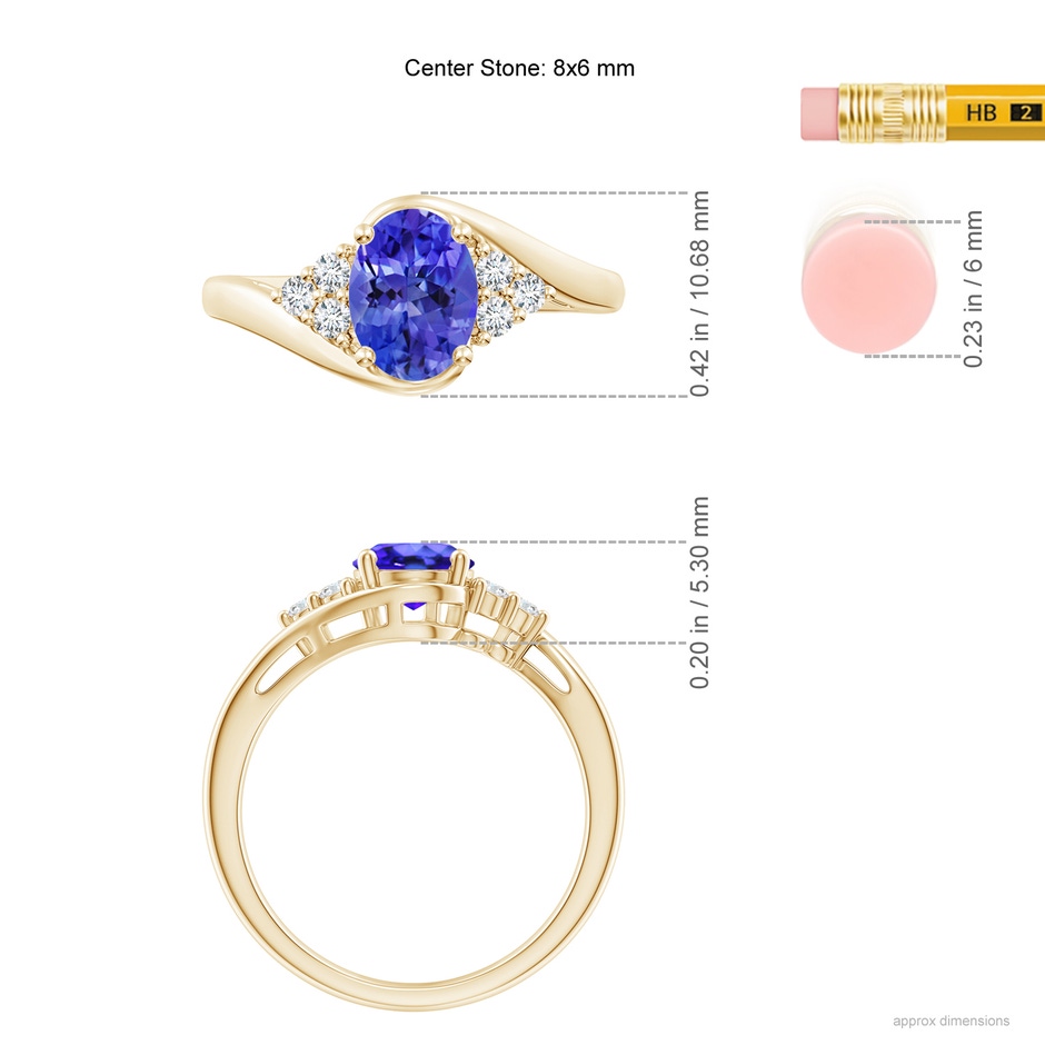 8x6mm AAA Oval Tanzanite Bypass Ring with Trio Diamond Accents in Yellow Gold ruler