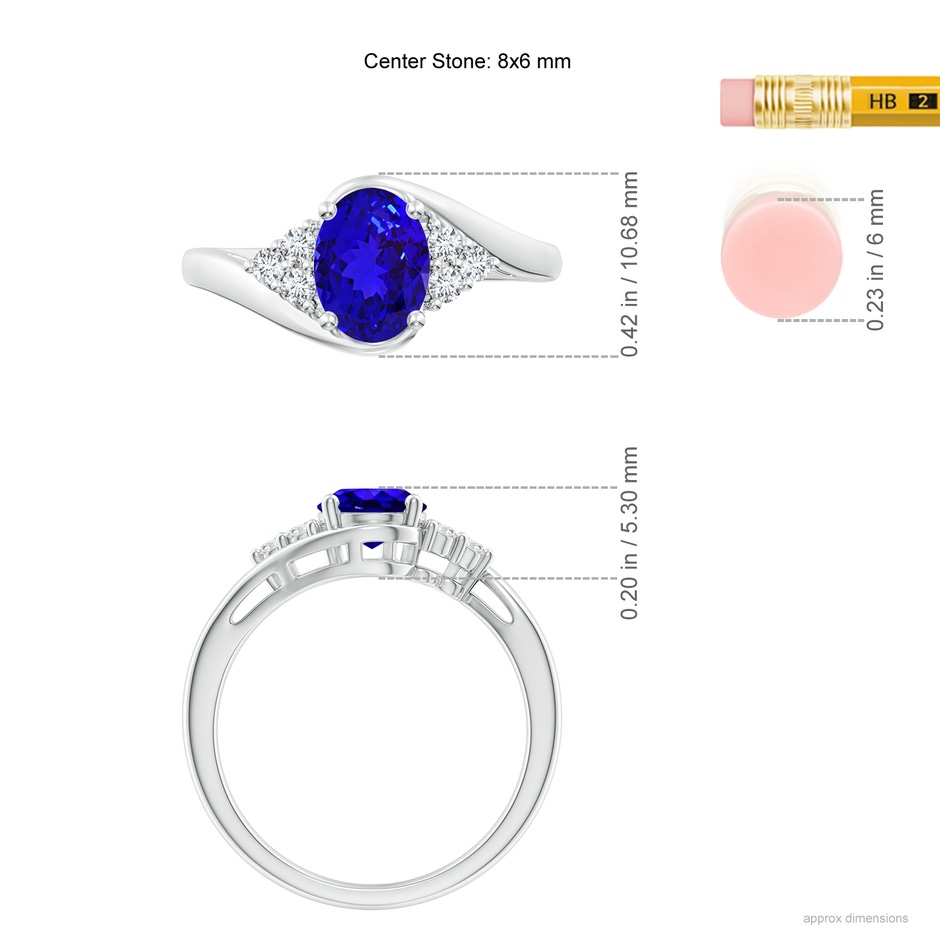 8x6mm AAAA Oval Tanzanite Bypass Ring with Trio Diamond Accents in White Gold ruler