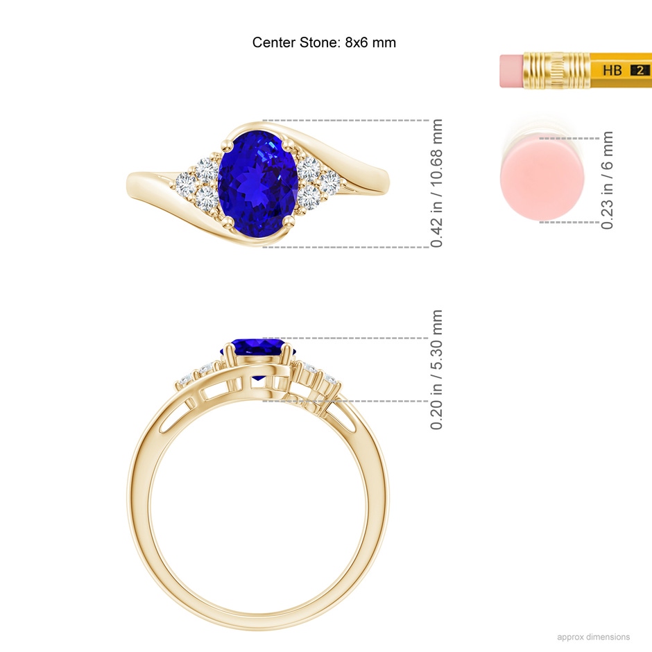 8x6mm AAAA Oval Tanzanite Bypass Ring with Trio Diamond Accents in Yellow Gold ruler