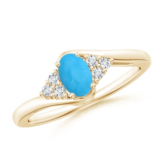 6x4mm AAA Oval Turquoise Bypass Ring with Trio Diamond Accents in Yellow Gold