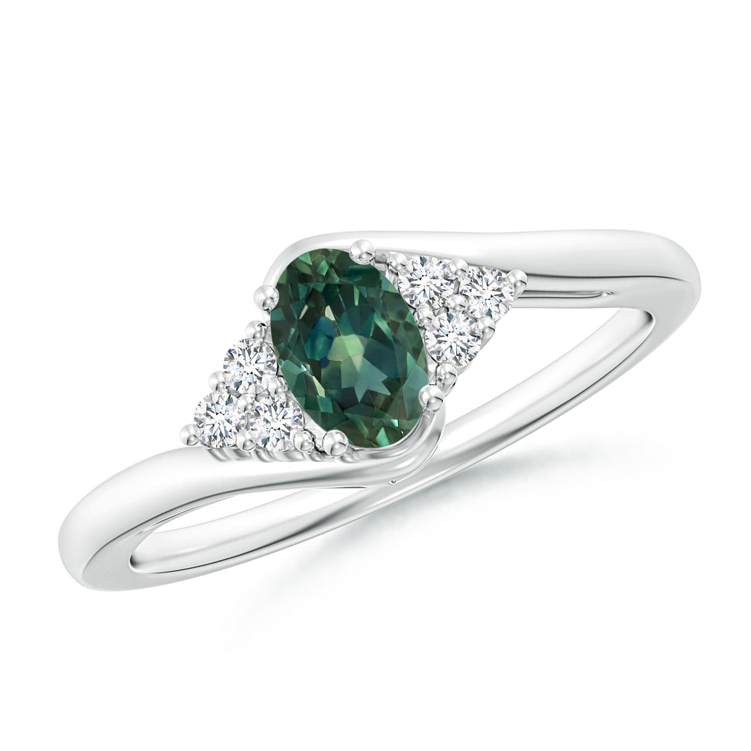 6x4mm AA Oval Teal Montana Sapphire Bypass Ring with Trio Diamond Accents in White Gold