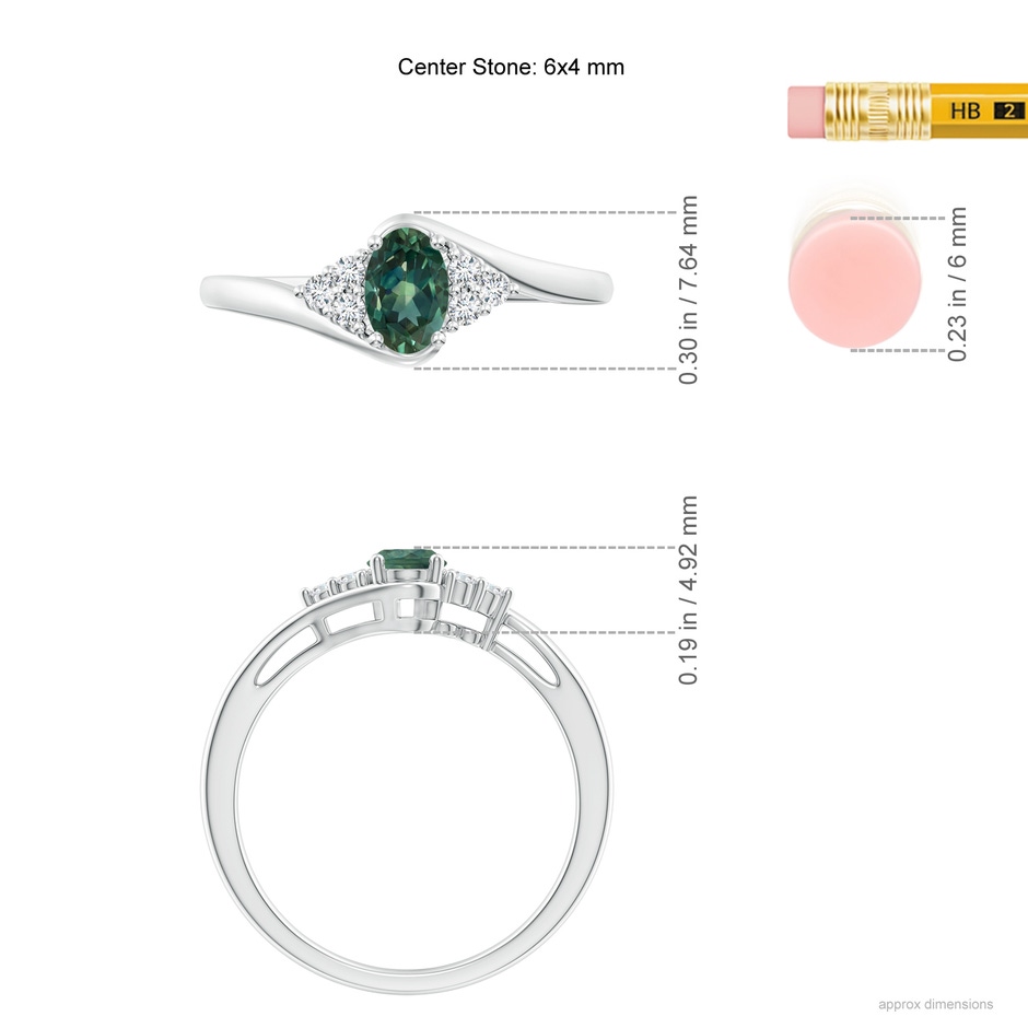 6x4mm AA Oval Teal Montana Sapphire Bypass Ring with Trio Diamond Accents in White Gold ruler