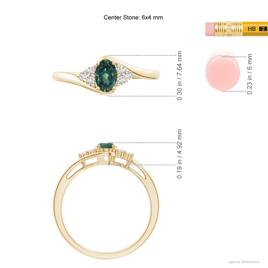 6x4mm AA Oval Teal Montana Sapphire Bypass Ring with Trio Diamond Accents in Yellow Gold ruler